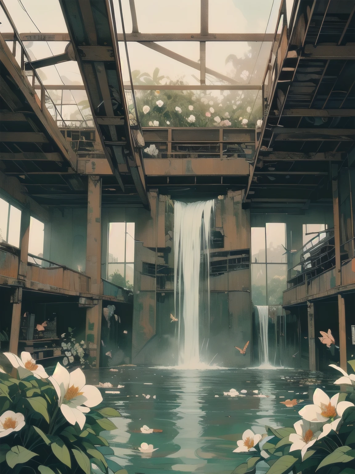 Detailed Machinery、Abandoned Factory、Atrium、(((White Flower Field)))、(((Rusty heavy equipment)))、Gorgeous light leaks、(((Sunset)))、fog、Detailed Background、Highest quality、(((No humans)))、Broken heavy machinery、Complex heavy machinery、Faint lighting、(((Fluttering white petals)))、sunset、(((Dull colors)))、(((Rusty detailed heavy machinery)))、(((Many white flowers fly)))、(((Heavy machinery covered in flowers)))、(((Lots of butterflies)))、(((Abandoned Garage)))、(((Submersion)))、(((waterfall from the ceiling)))