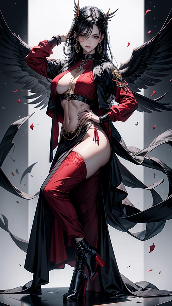 Highest quality、masterpiece、8k、Realistic、超High resolution、Very delicate and beautiful、High resolution、Muscle Girl、Perfect female body、Beautiful woman、Mature Woman、Black Hair、Red eyes、Six Pack、One tattoo、Earrings、Toned body、big 、Black military uniform、Luxurious clothing、boots、cigarette、Wild Pose、Full body emphasis、Simple Background