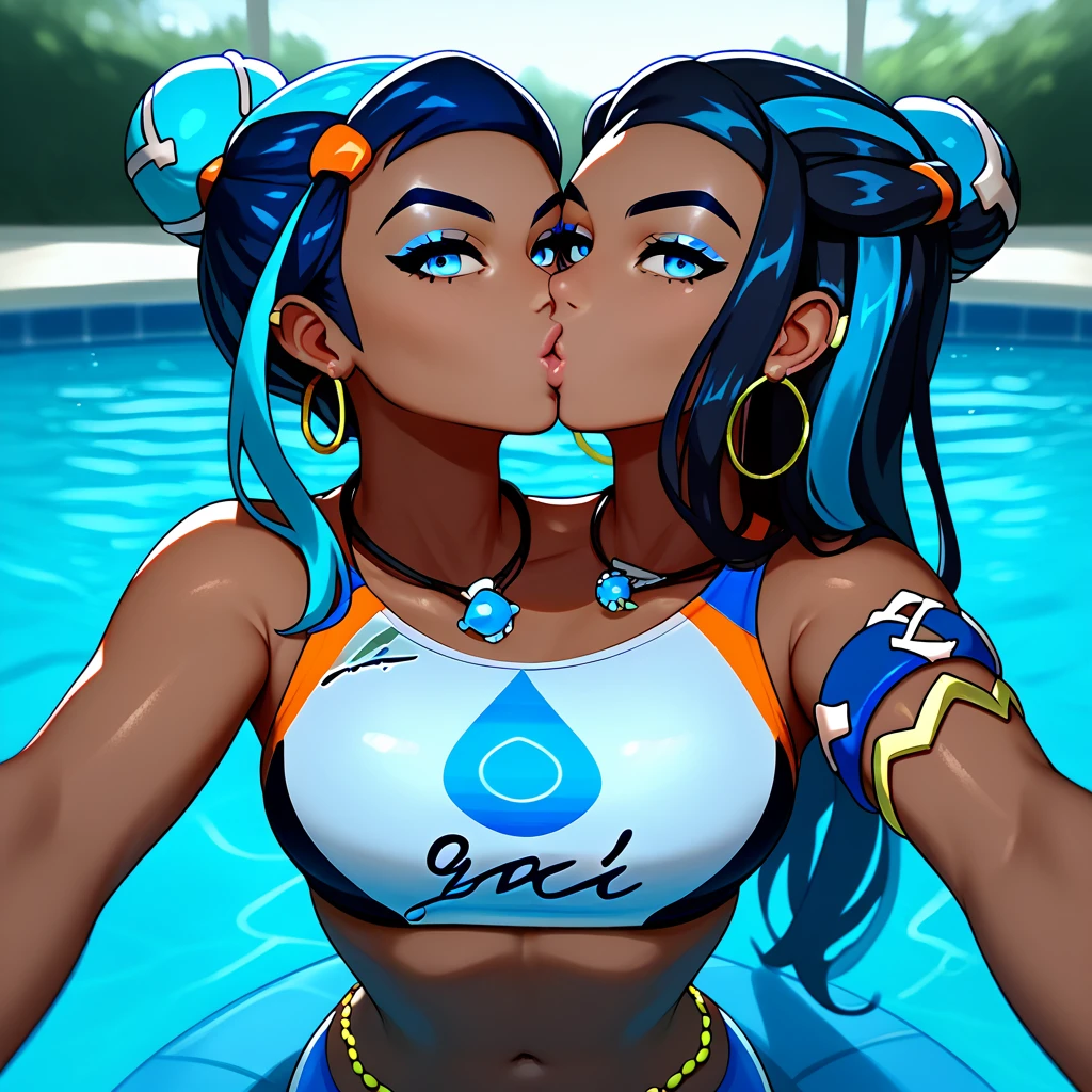 Kissing, Conjoined, two heads, score_9, score_8_up, score_7_up, EPpkNessa,, blue eyes, black hair, blue hair, streaked hair, single hair bun, dark skin, dark-skinned female,, swimsuit, sportswear, blue eyeshadow, makeup, bike shorts, belly chain, navel, jewelry, hoop earrings, midriff, necklace, bikini, crop top, armlet, swimming, looking at viewer, swimming pool