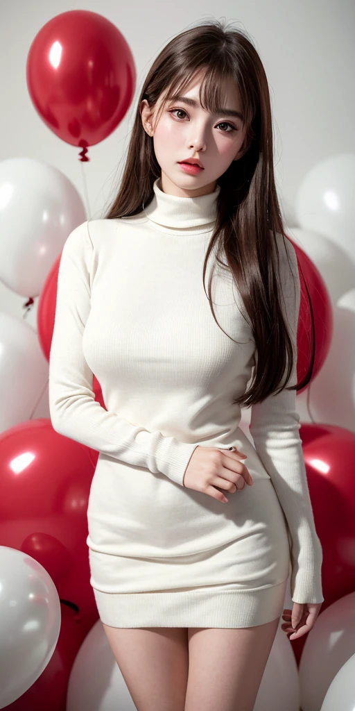 masterpiece, best quality, highly detailed background, perfect lightingbest quality,fashion portrait photo of beautiful young woman from the 60s wearing a red turtleneck standing in the middle of a ton of white balloons, taken on a hasselblad medium format camera