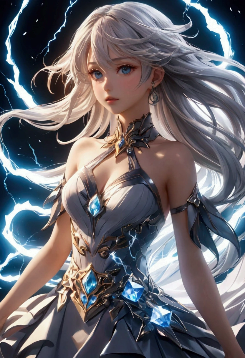 A detailed and complex anime girl, Composed of different elemental materials,hurricane,lightning,flame,ice,gem,Metal,Wood texture, clavicle, Ruffle dress, (Finish + outdoor + warmth + Freeze the moment) + Lighting Rendering + (Exquisite craftsmanship, Fine details, A fusion of aesthetics and dynamics) + ( Exquisite scenes + Wide-angle lens + Soft touch) +(Best quality,4K,8k,high resolution,masterpiece:1.2)