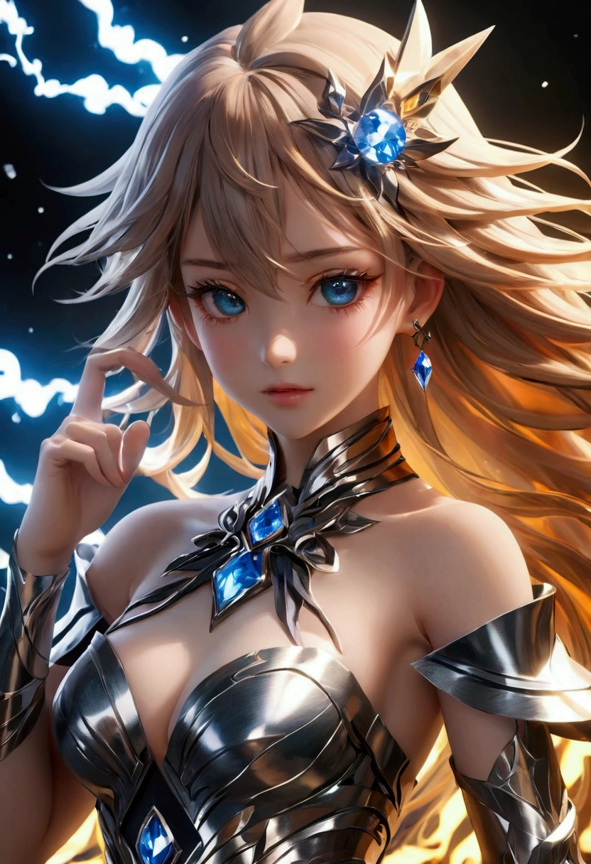A detailed and complex anime girl, Composed of different elemental materials,hurricane,lightning,flame,ice,gem,Metal,Wood texture, clavicle, Ruffle dress, (Finish + outdoor + warmth + Freeze the moment) + Lighting Rendering + (Exquisite craftsmanship, Fine details, A fusion of aesthetics and dynamics) + ( Exquisite scenes + Wide-angle lens + Soft touch) +(Best quality,4K,8k,high resolution,masterpiece:1.2)