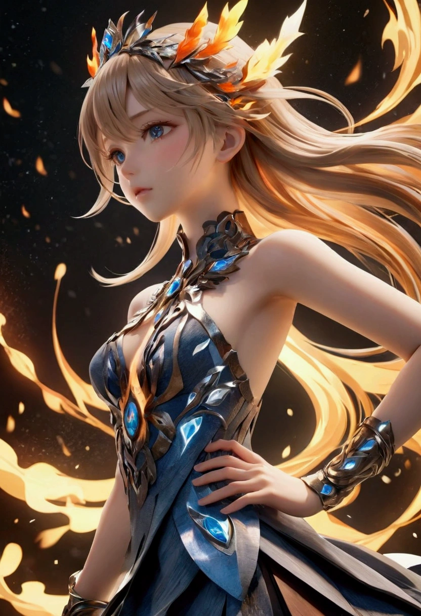 A detailed and complex anime girl, Composed of different elemental materials,hurricane,lightning,flame,ice,gem,Metal,Wood texture, clavicle, Ruffle dress, (Finish + outdoor + warmth + Freeze the moment) + Lighting Rendering + (Exquisite craftsmanship, Fine details, A fusion of aesthetics and dynamics) + ( Exquisite scenes + Wide-angle lens + Soft touch) +(Best quality,4K,8k,high resolution,masterpiece:1.2)