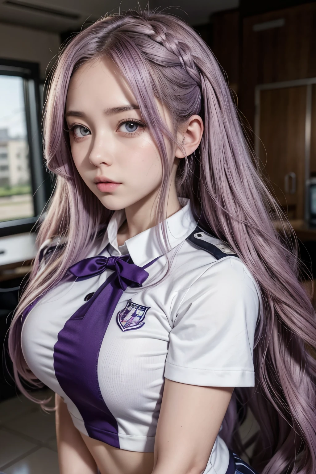 Spawns a very beautiful girl with long wavy lilac hair, muscular, thick lips and with the UA uniform, my hero academia anime style