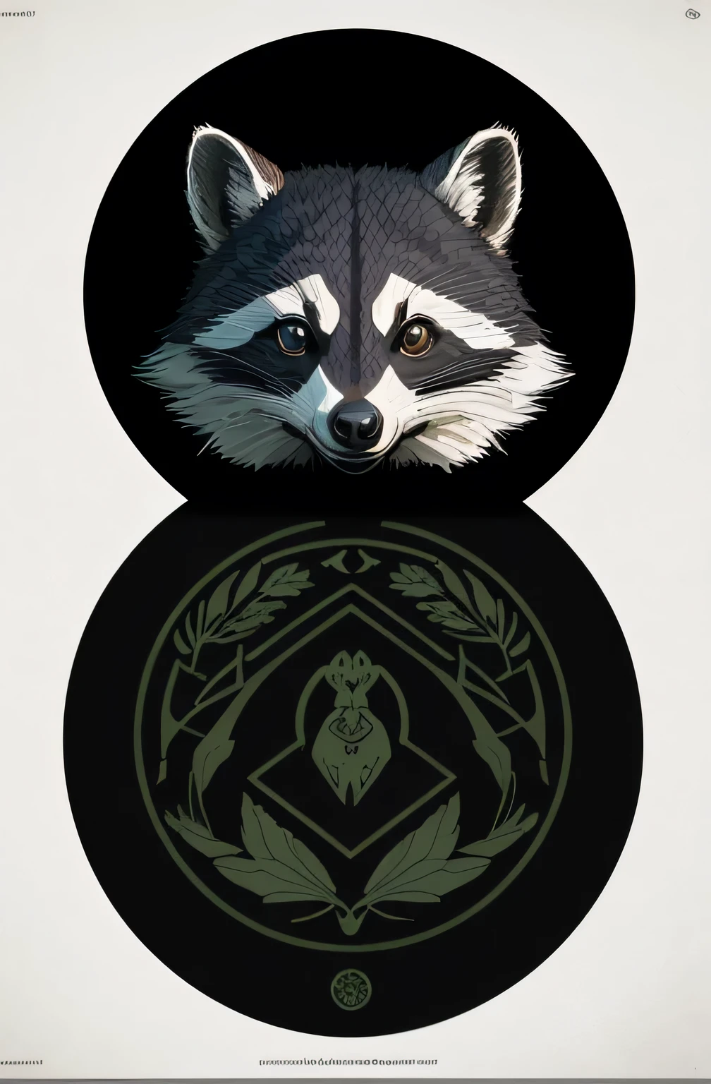 （（masterpiece）），（（（best quality）））, [raccoon] Heraldic silhouette, cute, round circular logo, masking style illustration, by saul bass, by greg rutkowski, black background, fantasy art, mysterious, realistic, majestic, dull colors (black, green, white), high contrast, seamless water brand, artstation, deviantart, dribble, redbubble, teepublic, sharp focus, simple, hyper detailed, detailed drawing, vectorize, outline, isometric style, 8k