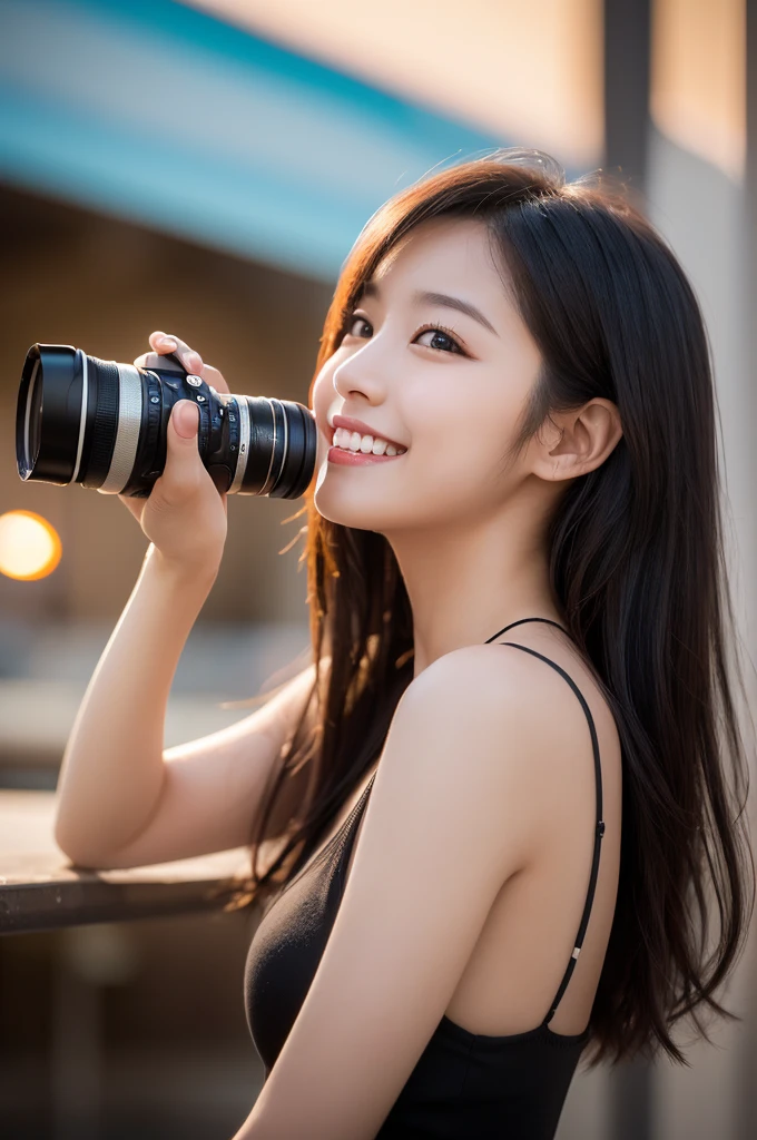 8k, (Hyper Reality: 1.35), (Realistic: 1.4), 1 Beautiful Korean Woman, smile, alone. light makeup, masterpiece, 最high quality, high quality, alone, , Latin, Puberty, Only one girl,((Perfect body)),最high quality)),((Hello)),((Very delicate and beautiful)),((Very shallow depth of field)), Hmph,((Incredibly shallow depth of field)). Familiar)), (((Very delicate and beautiful)), (((Very shallow depth of field))), Hmph, (((Unbelievably absurd))), (((Perfect body))), (((Black Hair )))) ))), ((( Camera Eye)))),(((A happy and wonderful smile))), poor, my + background, Dynamic Angle, Focus on women, {Particles of light}, Detailed background, ((Paul Hedley)), Soft lighting, (dramatic) sunset), sunset, very beautiful sunset, Live Action, Realistic, Top Angle, cute smile, (blurred background), 20-year-old, skinny, ((Wind)), ((Movement)), ((emotion)), ((colorful)), ((Beautiful Teeth)), Wither,backgroundはビーチ