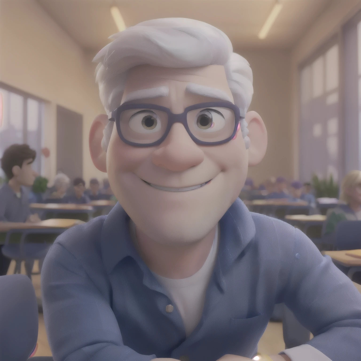teacher man with white hair and white shirt in the school Cartoon character of a man with, animation character, 3d character style, 3d rendering, 3d render, 3d render stylized, toon render keyshot, 3d character, 3d character rendering, 3d character render, cartoon character, closeup character, character pose, (Pixar Style) (Master Part:1.2) (Bokeh) (best quality) (skin details