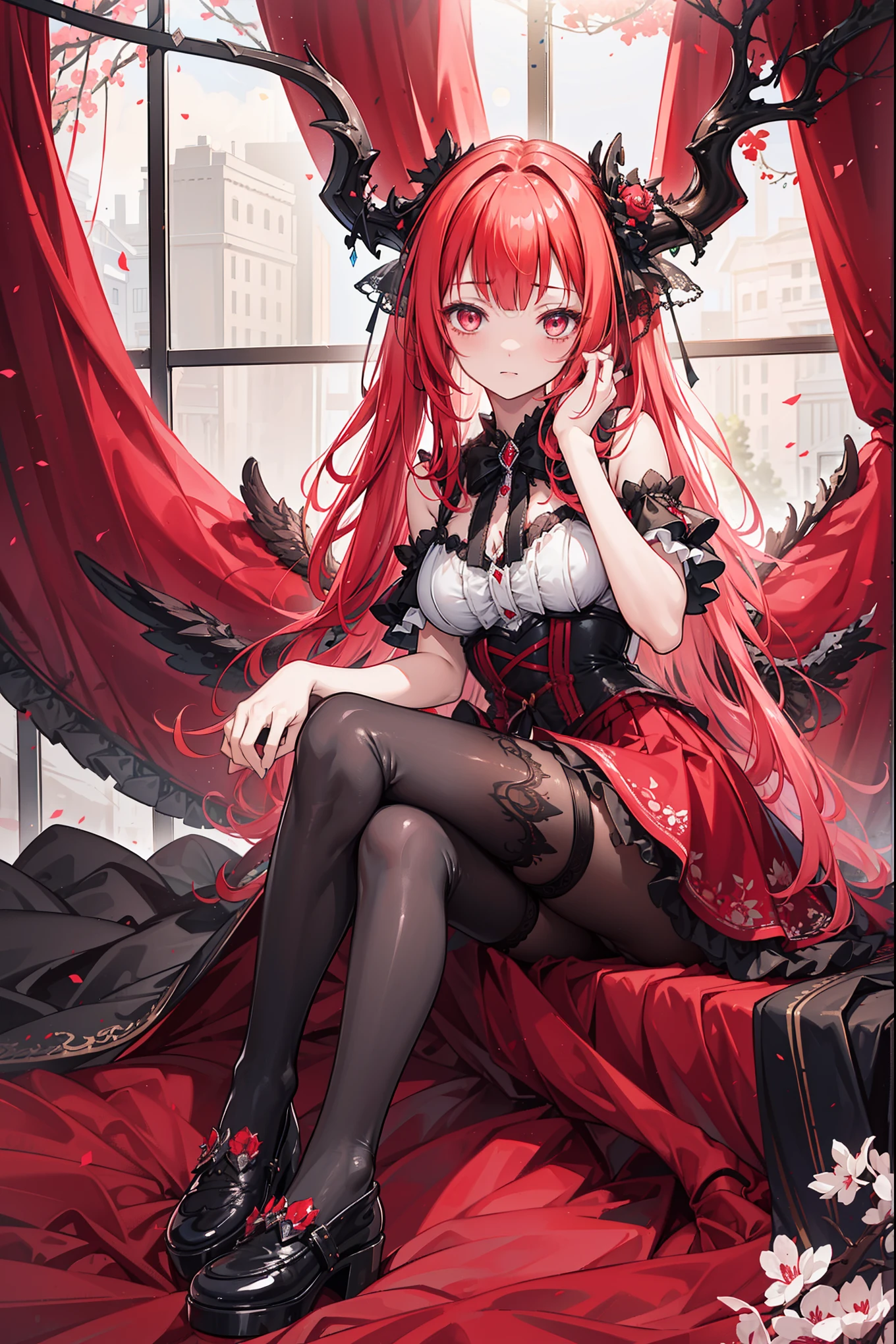 (Extremely detailed CG unity),Detailed clothes, Masterpiece, An extremely delicate and beautiful, full body shot of, 1girll, Sitting position, messy hair, Beautiful detailed eyes,red color eyes, lacepantyhose,florals