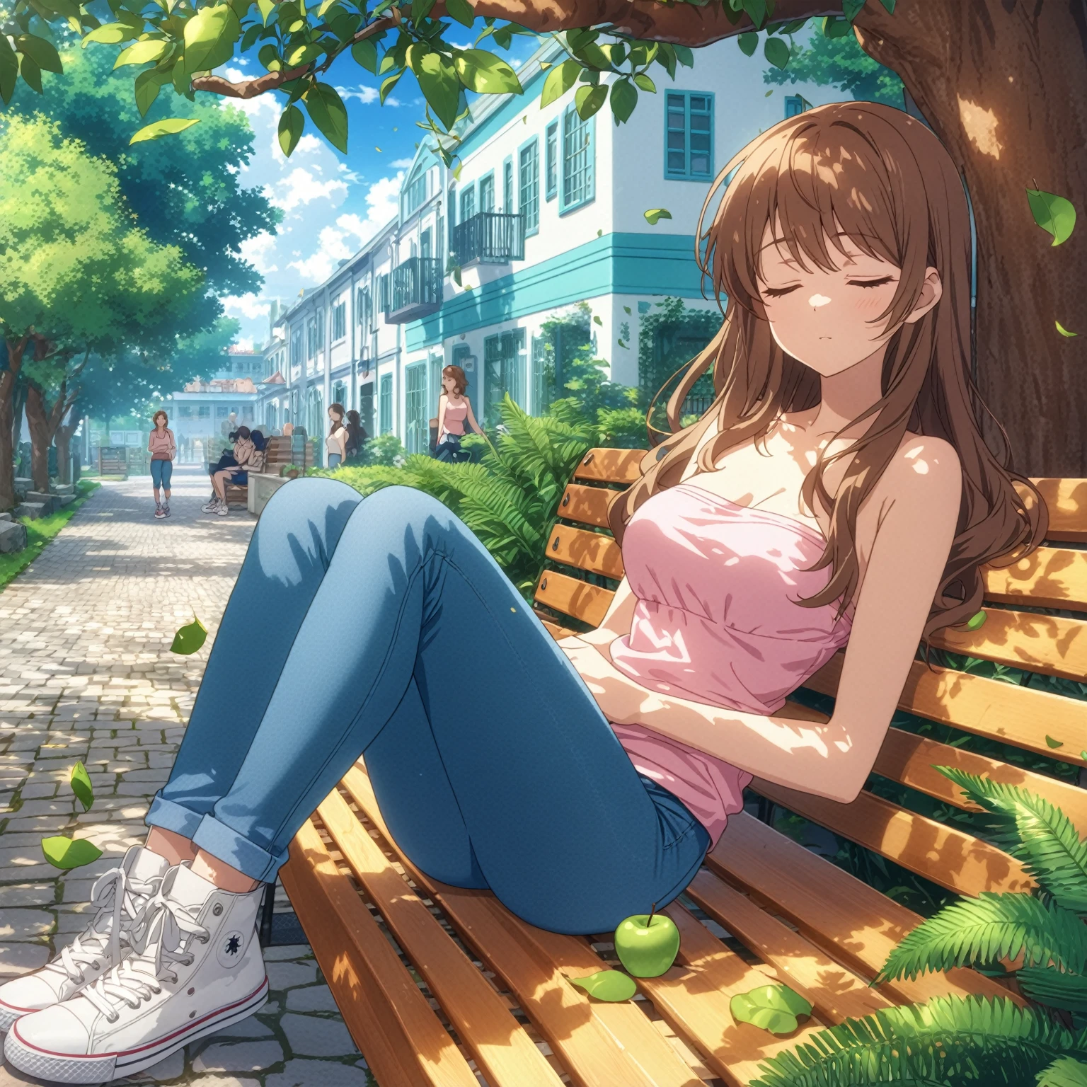 Best quality, masterpiece, bench, shade, apple tree, young woman sleeping, very long brown hair swept bangs and brown eyes, strapless pink tank top, jeans, sneakers, anime, courtyard, bench, cobblestone, ferns, outdoors, tropical, clouds,teal buildings, white steps, fence, road, people in background, falling leaves,