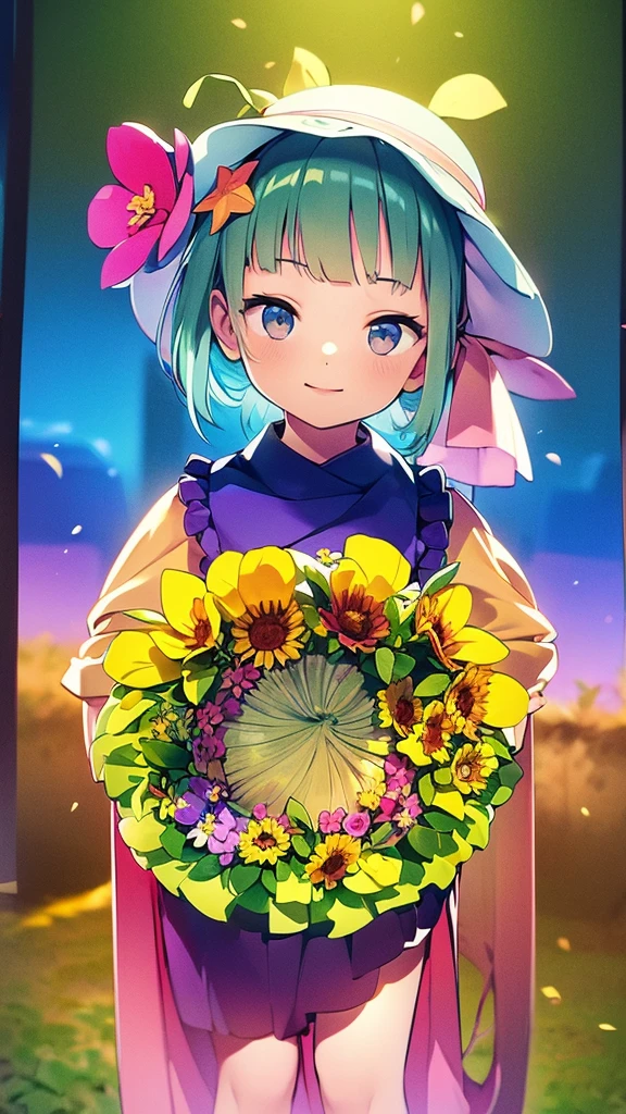 A girl in a beautiful detailed garden, holding a starfish, wearing a shell hair accessory, flower crown, and jewelry, looking directly at the viewer, wearing sunglasses, hair clips, and a straw hat, surrounded by colorful flowers, with text overlay, highly detailed, 8k, photorealistic, masterpiece, vibrant colors, warm lighting, cinematic composition