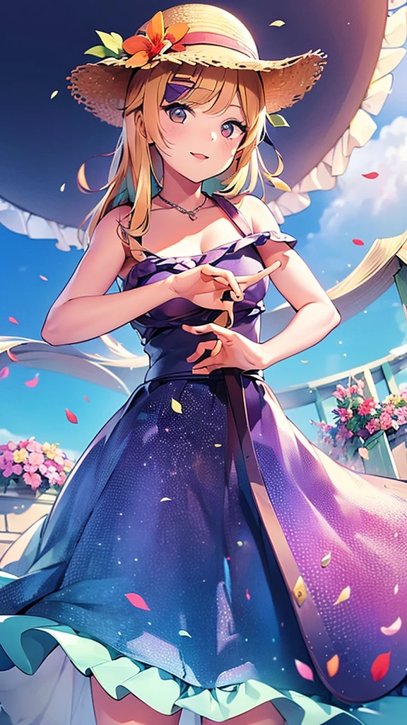A girl in a beautiful detailed garden, holding a starfish, wearing a shell hair accessory, flower crown, and jewelry, looking directly at the viewer, wearing sunglasses, hair clips, and a straw hat, surrounded by colorful flowers, with text overlay, highly detailed, 8k, photorealistic, masterpiece, vibrant colors, warm lighting, cinematic composition