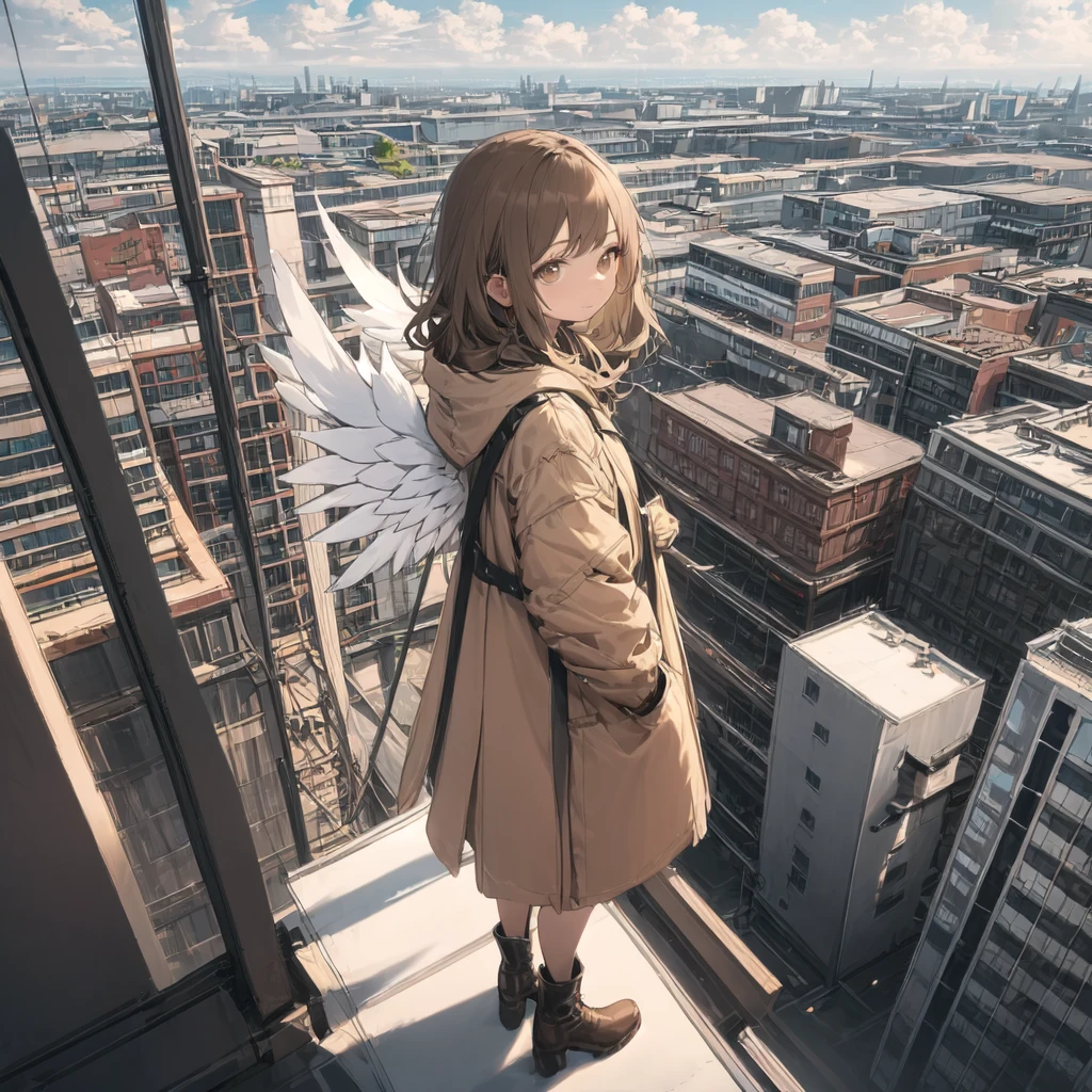 (masterpiece, best quality),from above , 1girl, solo, (feathered wings:1.2), billboard, brown eyes, brown hair, building, city, cloudy sky, coat, boots, crane \(machine\), dutch angle, from side, light frown, looking at viewer, outdoors, rooftop, sky, skyscraper