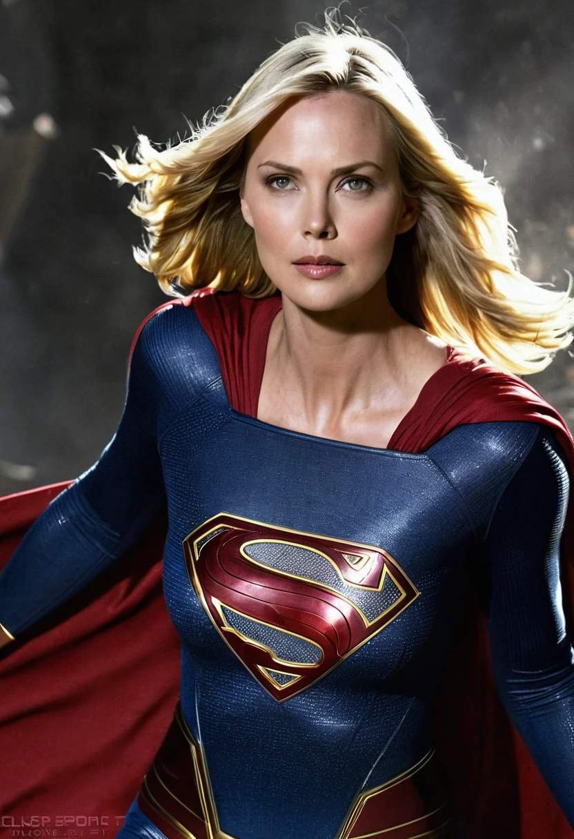 Charlize Theron under the mantle of the Kryptonian Kara zor-The alias Supergirl front images color images Splash Suit Man Of Steel Movie