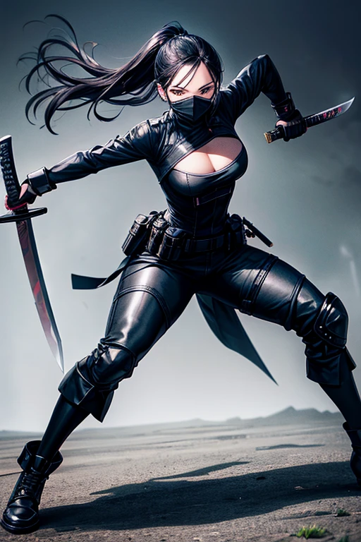 Make a woman with a black mask, in a black combat suit, black combat shoes and a katana in his right hand.