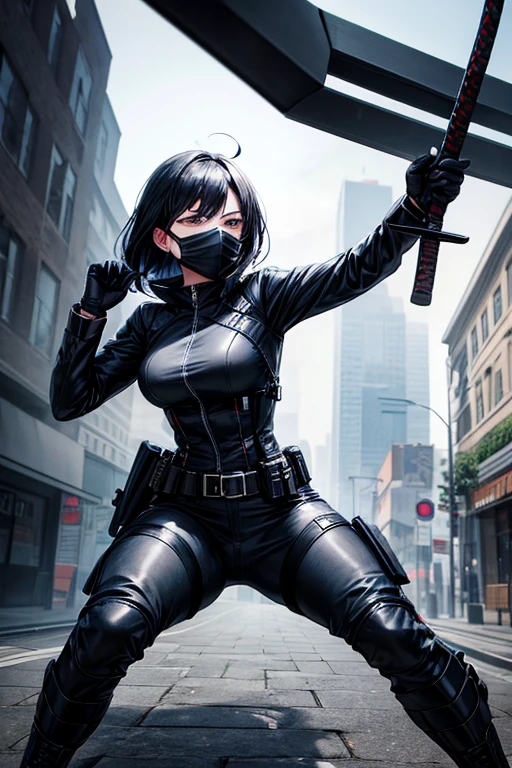 Make a woman with a black mask, in a black combat suit, black combat shoes and a katana in his right hand.