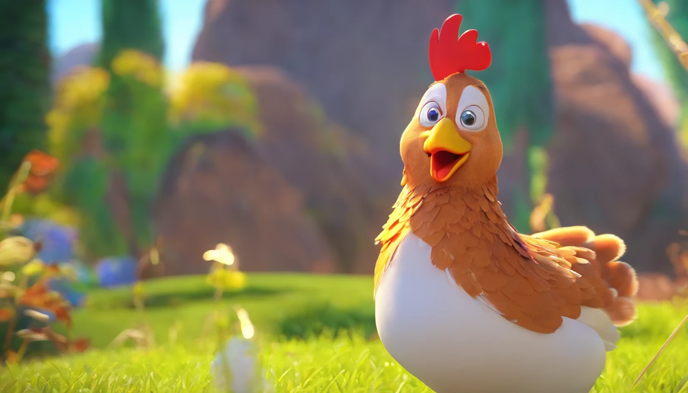 happy cute little chicken in pixar carton style