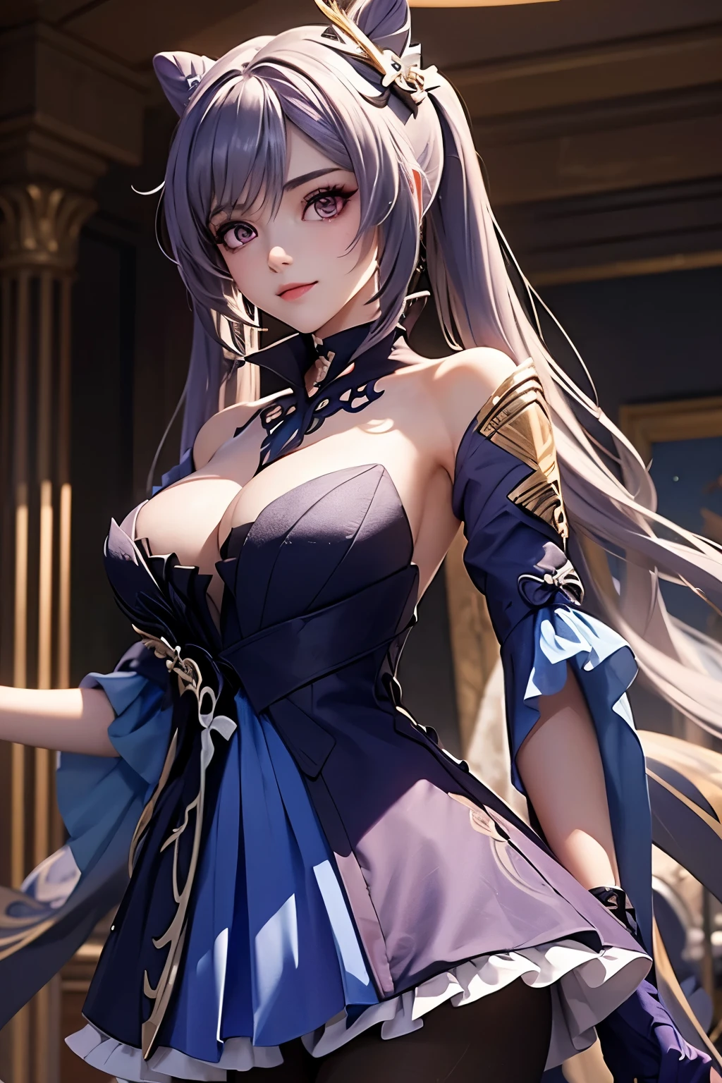 (Masterpiece:1.2), Best Quality, (illustration:1.2), (ultra detailed), hyper details, (delicate detailed), (intricate details), (cinematic light, Best Quality Backlights), Delete line, soloist, perfect body, (1 girl), black makeup, black lipstick, Closeup, very beautiful face, with pale skin, ultra detail, (make up), High contrast, (better lighting, an extremely created and beautiful), (cinematic light), showy, cosplay as Shenhe ghensin impact, big , front vision, sweat smile