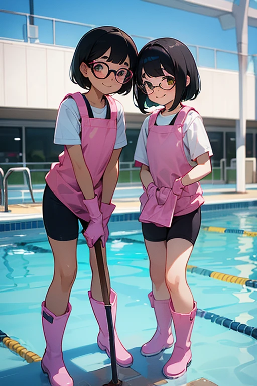 Two elementary school girls with black hair, bob hair, freckles and glasses, wearing short sleeve gym clothes and large pink rubber gloves and white rubber boots, are smiling as they clean the school pool.