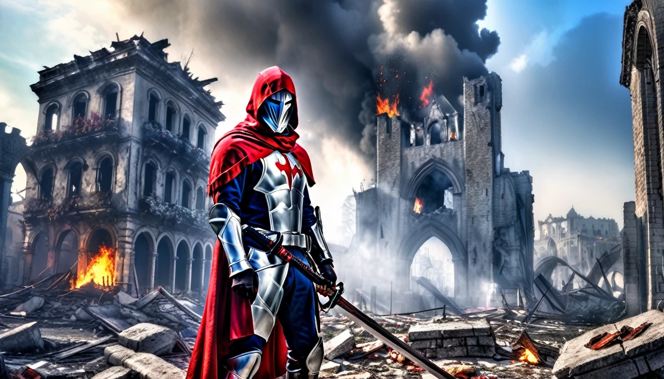 hdr, best 24k image, with shining armor a templar soldier, sword, with red hood, in front of a destroyed city, ruins fire, smoke, half dark day blue sky, dark,