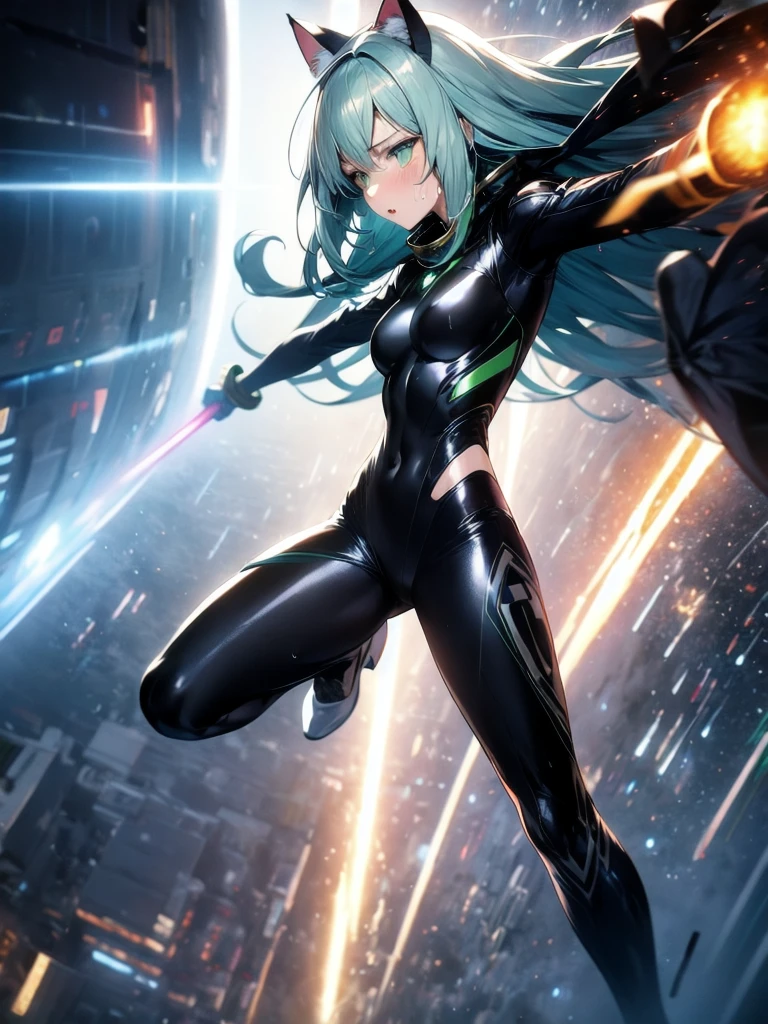 A silver-haired beautiful girl with cat ears eyes are green hair is silver and long clothes: a form-fitting black combat suit The fist is an afterimage The background is a city at night her is in a cat-like fighting pose The year is 14 years monitor, Dark Night, Sweat, Steam of Exhalation, Space, Battle, Dynamic Angle one girl