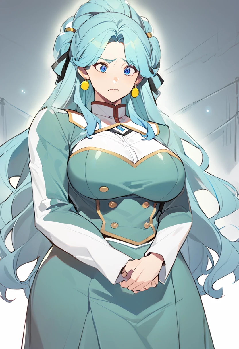 Anime, 1 woman, solo, kimtag, Melony, melony's hairstyle, Cyan colored long hair, Green Beret, expressive eyes, BLUE eyes, yellow earings, busty, firm plump body, genetics's uniform, Very long skirt, sad expression, teary eyes, crying, her pen hands crossed