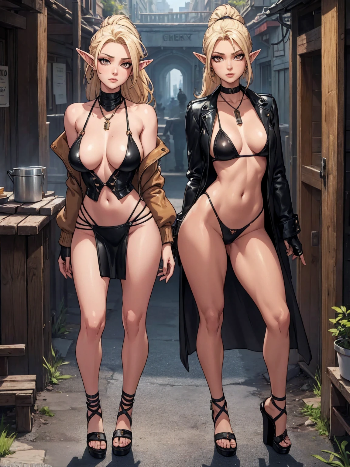 8K, Top Quality, Intricate Details, Ultra Detail, Ultra High Resolution, Masterpiece, full body, Very tall, dark skinned female elf; slender, blonde hairs and incredible long ponytail; strong makeup; brown eyes; small pointy breast; sensual midriff; wearing superhighplatform sandals, desert abandoned city, jewelery, necklace, earrings, black bikini top, short leather jacket, thongs with a lot of strings, leather skirt, long fingernails; gloves, rings, best quality, expressive eyes, perfect face, masterpiece, slim body, very long legs, detailed stomach, detailed hips, detailed legs, carefully drawn toes, carefully drawn feet, carefully drawn hands, best quality, drawn with careful, Dynamic Angle, Highly detailed, seductive eyes, NTR