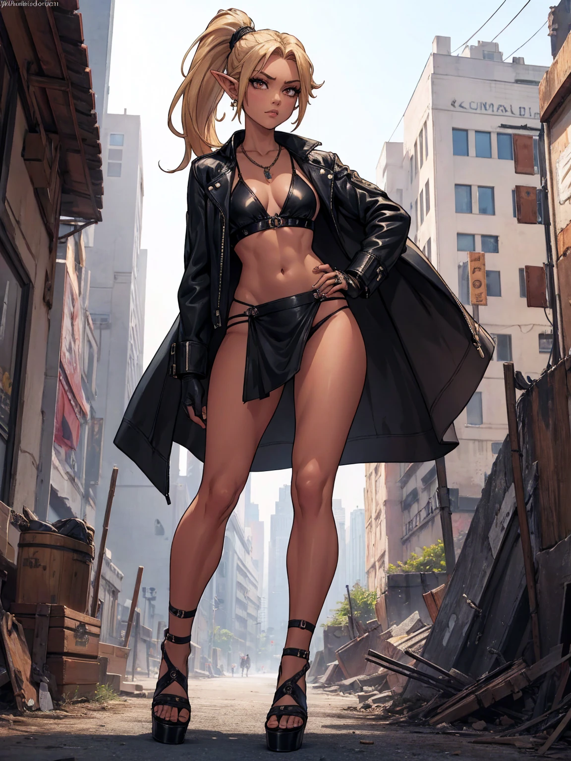 8K, Top Quality, Intricate Details, Ultra Detail, Ultra High Resolution, Masterpiece, full body, Very tall, dark skinned female elf; slender, blonde hairs and incredible long ponytail; strong makeup; brown eyes; small pointy breast; sensual midriff; wearing superhighplatform sandals, desert abandoned city, jewelery, necklace, earrings, black bikini top, short leather jacket, thongs with a lot of strings, leather skirt, long fingernails; gloves, rings, best quality, expressive eyes, perfect face, masterpiece, slim body, very long legs, detailed stomach, detailed hips, detailed legs, carefully drawn toes, carefully drawn feet, carefully drawn hands, best quality, drawn with careful, Dynamic Angle, Highly detailed, seductive eyes, NTR