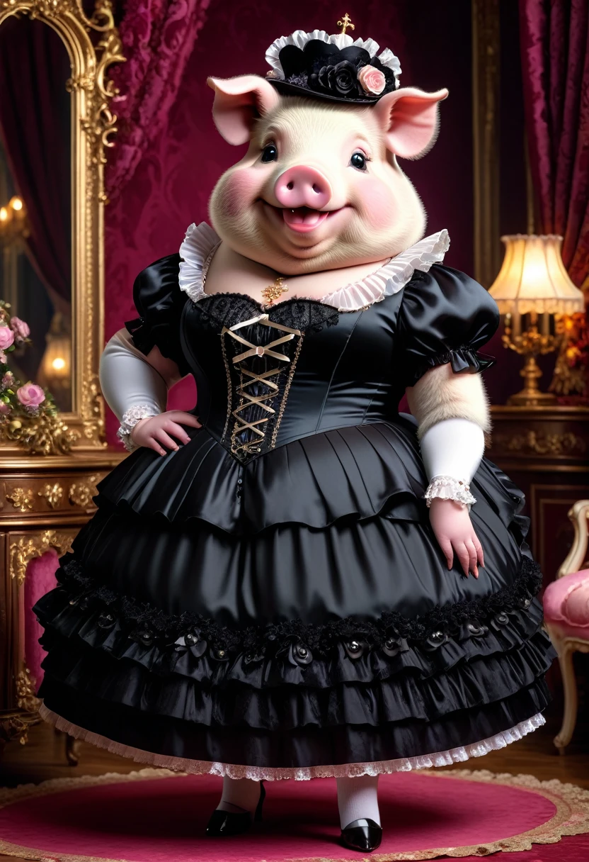 photorealistic portrait of Dressed animals-a ((fat)) ((pig)) princess,(furry), (elegant pose:1.5), (hands on hips:1.5),(smile:1.5),high quality,(),(lovely) ,intricate details, Wearing Gothic & ta dress , ( brim on head), highly detailed ((dress with frills and ribbon)) ,highly detailed accessories, high sox , (happy), soft lighting,(full body image:2.0),in Rococo style room background,,score_9, score_8_up, score_7_up, score_6_up, score_5_up, score_4_up,