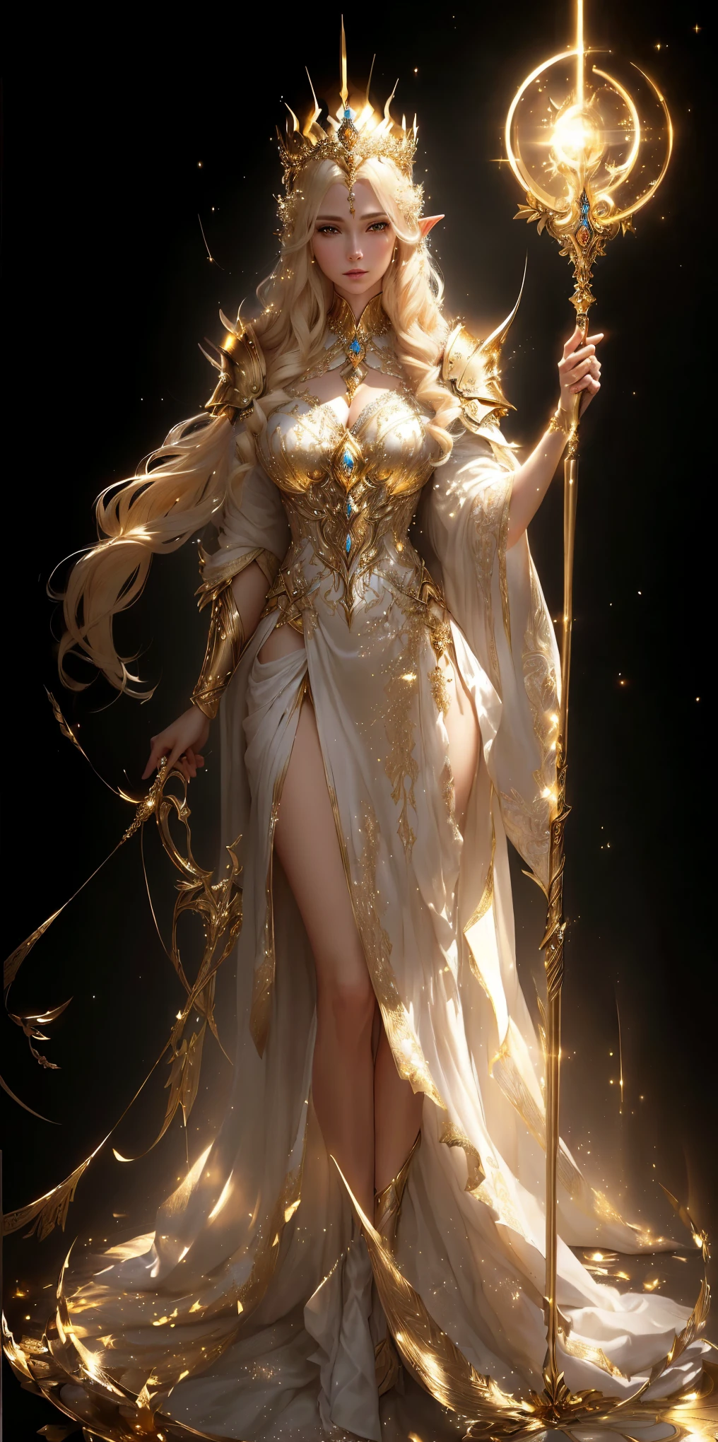 Blonde woman in white dress holding a golden scepter, ((Beautiful fantasy queen)), Beautiful and elegant elf queen, European looks，Beautiful fantasy queen, Golden goddess Athena, Shocking cgsociety, Goddess of Light, Dawn CG Club, cgsociety - w 1 0 2 4 - n 8 - i, Alexandra Fomina artstation, fantasy art behance