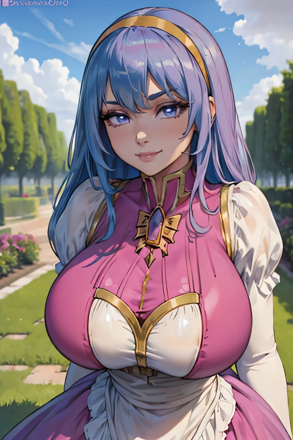 ((jardin en ville)), gros seins, (extremely fine and beautiful:1.1), (perfect details:1.1), (finely detailed eyes and detailed face:1.3), (sexy pose: 1.2), Tia, lufiaTia, hairband, pink shining dress, brooch, standing, smile, upper body, portrait, looking at viewer, sky, clouds,