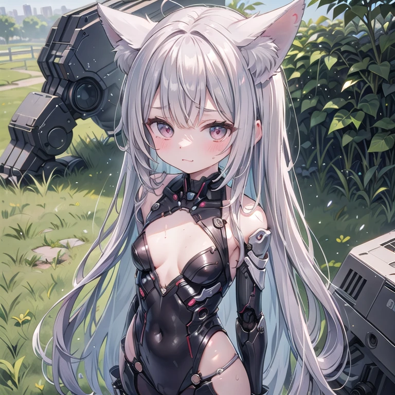 (Fox Girl, Fox Ears, Silver Hair, Fox Makeup, One Woman, Long Hair:1.6), (mecha musume, Machinery Parts,Robot Joints, Red color, I can see her cleavage, Skin is visible:1.8), (Body measurements are 75-60-75!, Young girl body, Small breasts, Emphasize the chest, Standing posture, Muscular, muscle:1.9), Avatar, face, lewd face, Dominant representation, naughty face, Uplifting, Skin Texture, outside, Grassy field