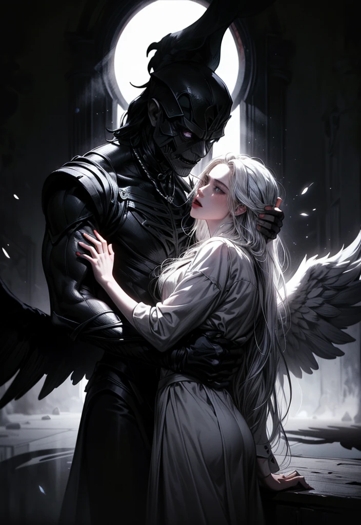 (masterpiece, top quality, best quality, official art, beautiful and aesthetic:1.2), extreme detailed, (fractal art), (black and white:1.5), (a girl embracing a shadow man in all black:1.5), (embracing), (tragic), large angel wings, dynamic angel, long hair flowing, occult, (oil painting), gloomy, holy, black background, side view, white hair 