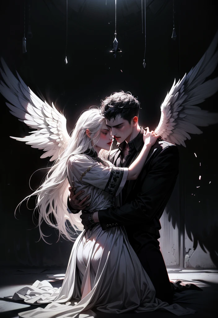 (masterpiece, top quality, best quality, official art, beautiful and aesthetic:1.2), extreme detailed, (fractal art), (black and white:1.5), (a girl embracing a shadow man in all black:1.5), (embracing), (tragic), large angel wings, dynamic angel, long hair flowing, occult, (oil painting), gloomy, holy, black background, side view, white hair