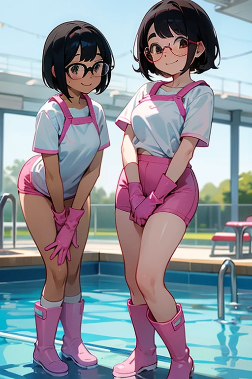 Two elementary school girls with black hair, bob hair, freckles and glasses, wearing short sleeve gym clothes and large pink rubber gloves and white rubber boots, are smiling as they clean the school pool.