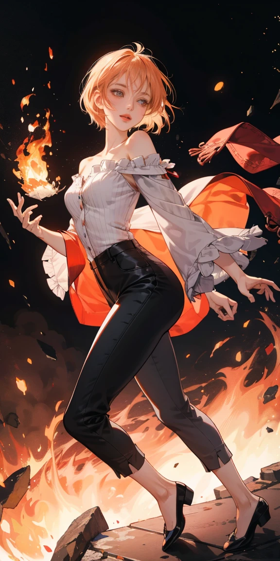 full-body close-up, create an elegant atmosphere), black pants, Orange short hair, graceful flowing, elegant movements, lustful smirking smile expression (red blush), floating in the air, (1girl), slim figure) fire and ice background
