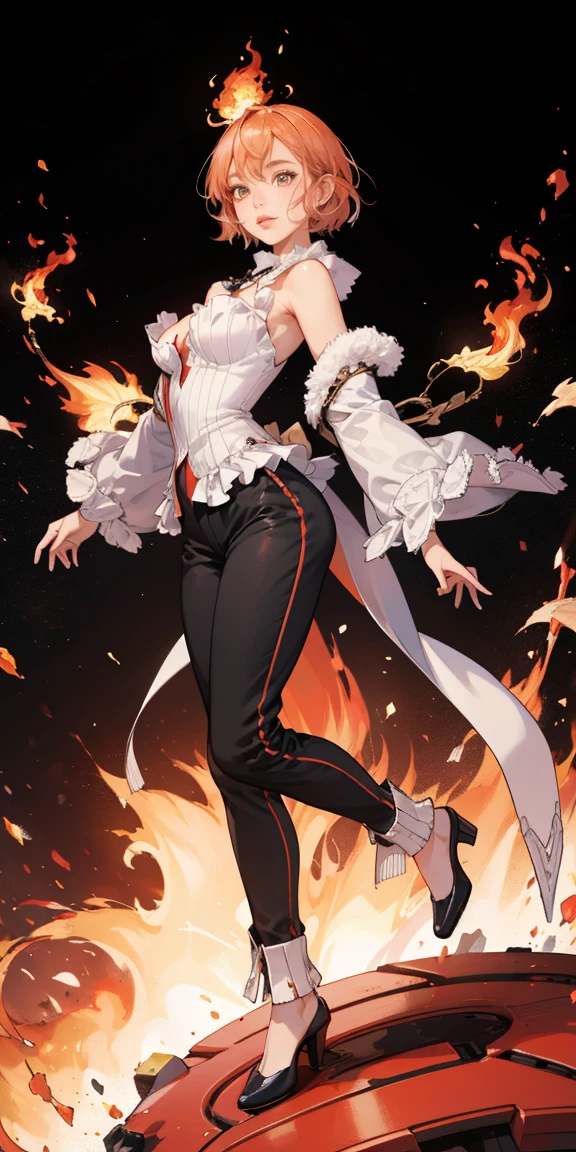 full-body close-up, create an elegant atmosphere), black pants, Orange short hair, graceful flowing, elegant movements, lustful smirking smile expression (red blush), floating in the air, (1girl), slim figure) fire and ice background
