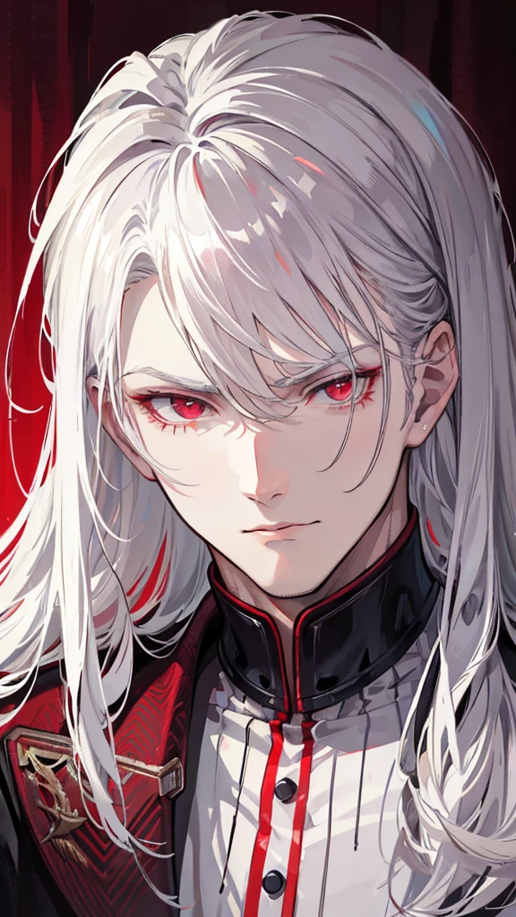 a handsome white-haired man with red eyes wearing cool clothes looking at himself in a bedroom mirror, high quality, realistic, detailed facial features, expressive eyes, sharp focus, photorealistic, studio lighting, dramatic lighting, cinematic, moody atmosphere, warm color tones