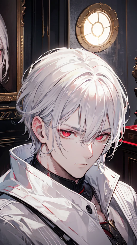 a handsome white-haired man with red eyes wearing cool clothes looking at himself in a bedroom mirror, high quality, realistic, detailed facial features, expressive eyes, sharp focus, photorealistic, studio lighting, dramatic lighting, cinematic, moody atmosphere, warm color tones