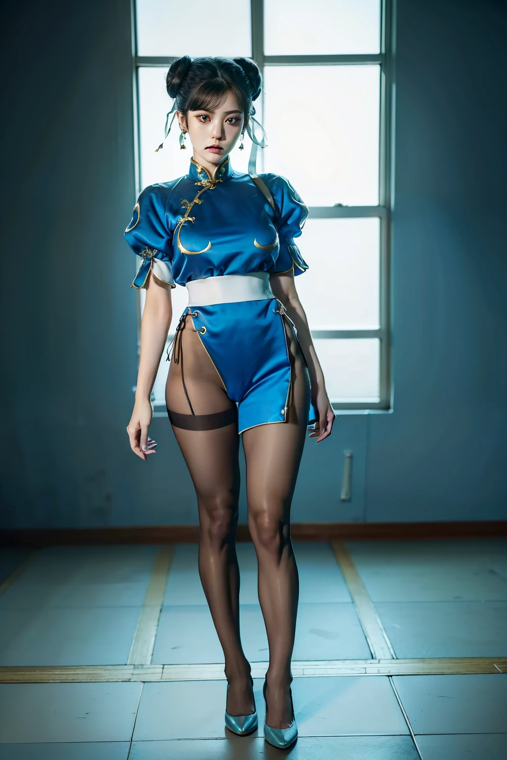 (((full body:1.4,simple background:1.4,large breast:1.4, sexy:1.4,makeup:1.4))),Chun-Li from Street Fight II,perfect chun li costume,Blue cheongsam with gold lines,Bun head,bun cover,masterpiece、1 beautiful girl、fine eyes、puffy eyes、highest quality, 超High resolution, (reality: 1.4), movie lighting、Japanese、asian beauty、Korean、super beautiful、beautiful skin、body facing forward、(超reality的な)、(High resolution)、(8k)、(very detailed)、(美しくfine eyes)、(Super detailed)、 (wall-)、detailed face、bright lighting、professional lighting、slanted bangs、Nogizaka Idol、korean idol、masterpiece, highest quality, masterpiece, highest quality, perfect face, perfect brown eyes with white sclera, alone, 1 girl, brown hair, From SF2, Chinese service, smile, muscular woman, blue clothes, pantyhose, pelvic curtain, Puffy short sleeves, Good cover, sash, evaluation:safety
