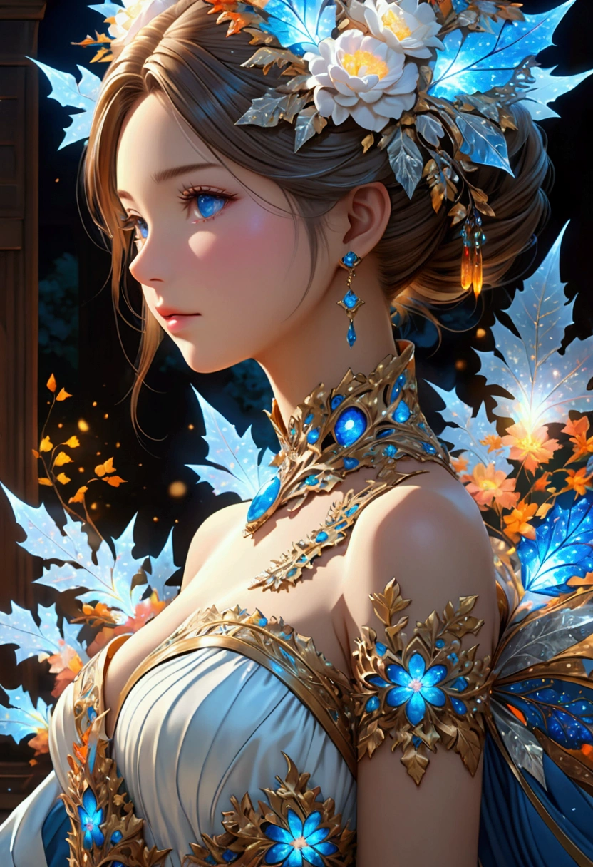 A detailed and complex anime girl, Composed of different elemental materials，hurricane，lightning，flame，ice，gem，Metal，Wood texture, clavicle, Ruffle dress, (Finish + outdoor + warmth + Freeze the moment) + Lighting Rendering + (Exquisite craftsmanship, Fine details, A fusion of aesthetics and dynamics) + ( Exquisite scenes + Wide-angle lens + Soft touch) +(masterpiece, Top quality, best quality, Official Art, beautiful and aesthetic:1.2),  (Fractal Art:1.3), rich and colorful, (Perfect face), Glowing skin, 