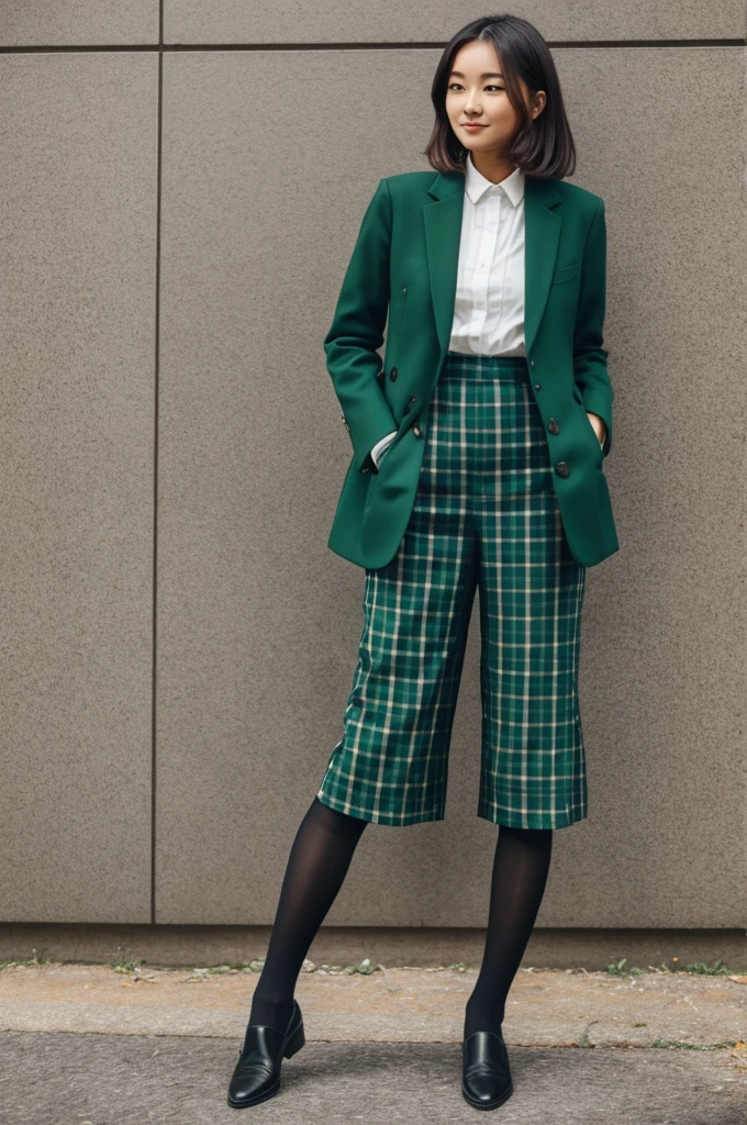 A 154cm tall girl wearing a green checked knee-length culottes and tights