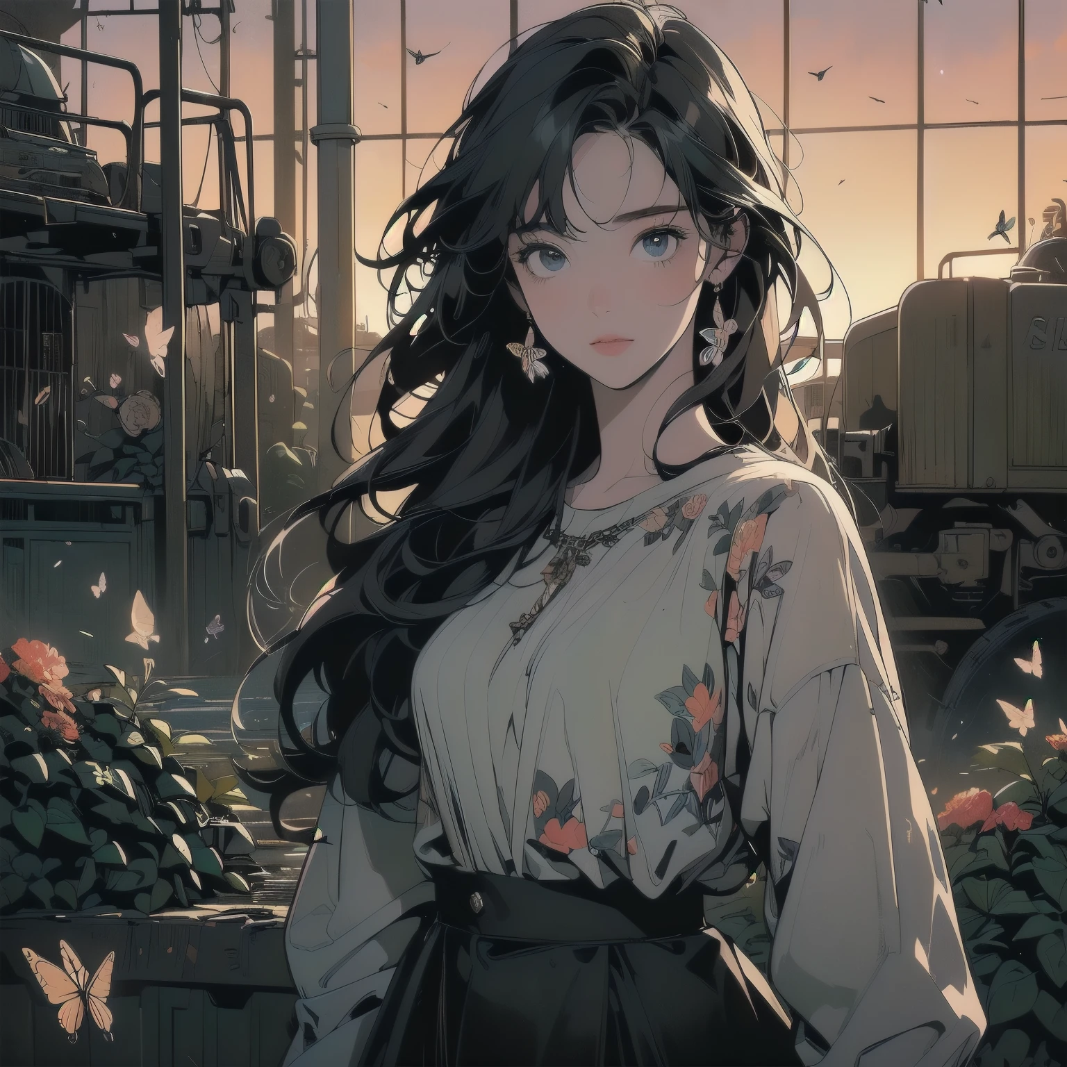 (((masterpiece, highest quality)))、(((32k wallpaper)))、Detailed Machinery、Abandoned Factory、Atrium、(((Sunset)))、Detailed Background、Highest quality、Faint lighting、sunset、(((Dull colors)))、(((Lots of butterflies)))、(((Abandoned Garageの中に居る)))、(((Perfect Woman)))、Beautiful woman、(((Detailed face)))、Detailed Hair、Flat Chest、White Dress、(((The most beautiful face)))、(((beauty)))、Faint lighting、highlight、Sparkling Eye、Variation Angle、(((Cowboy Shot)))、Gray Hair、Detailed Machinery、Abandoned Factory、Atrium、(((Black flower garden)))、(((Rusty heavy equipment)))、Gorgeous light leaks、(((Sunset)))、fog、Detailed Background、Highest quality、Broken heavy machinery、Complex heavy machinery、Faint lighting、(((Fluttering black petals)))、sunset、(((Dull colors)))、(((Rusty detailed heavy machinery)))、(((Many black flowers fly)))、(((Heavy machinery covered in flowers)))、(((Lots of butterflies)))、(((Abandoned Garage)))、(((waterfall from the ceiling)))