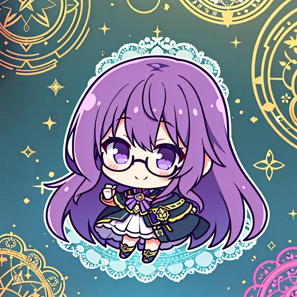 {{masterpiece}}, {{best quality}}, {ultra-detailed}, chibi, magic circle, a handsome man,{{ man}}, solo, warrior, beautiful purple hair, beautiful black eyes, {beautiful eyes}, glasses, light smile,long hair,{{髭}}
