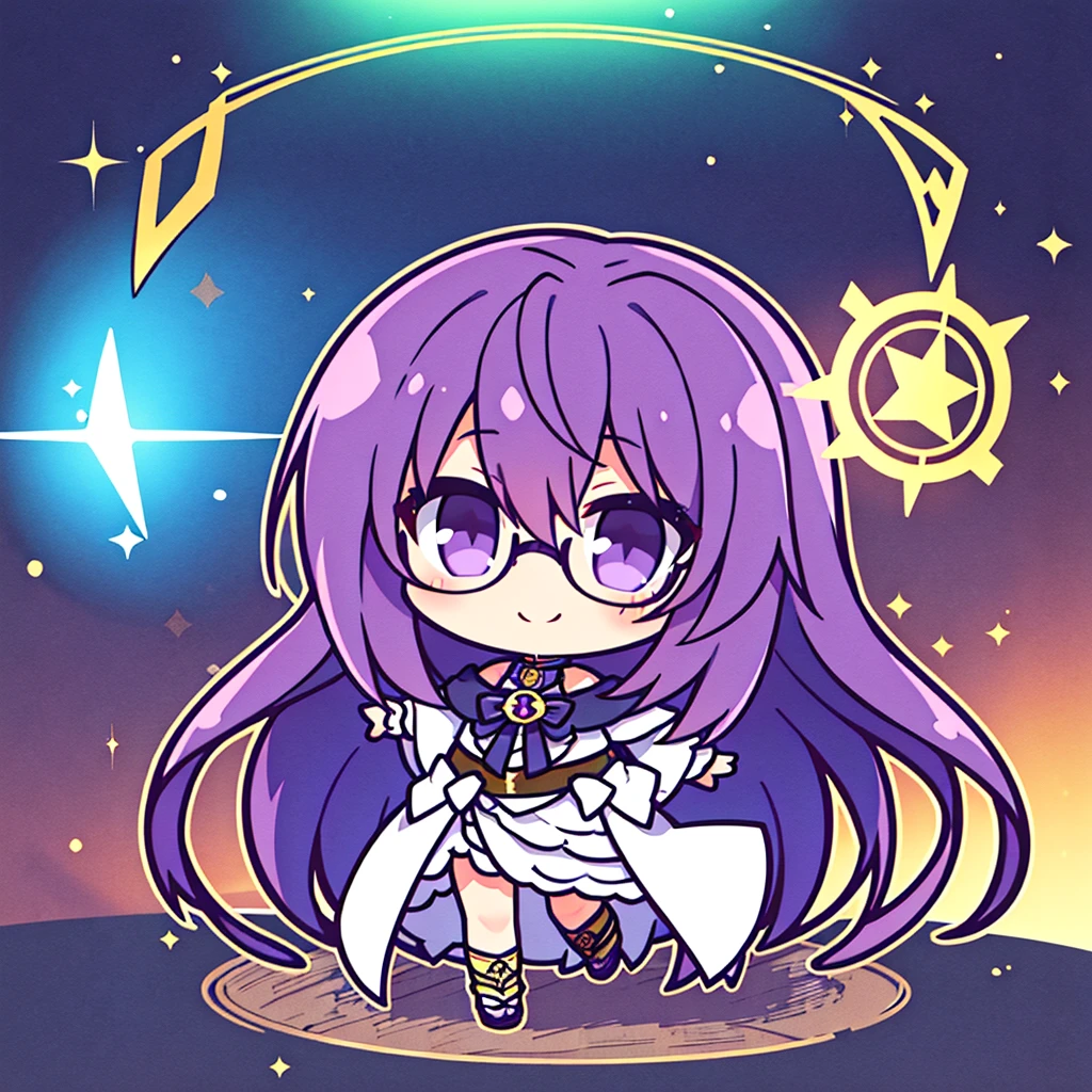{{masterpiece}}, {{best quality}}, {ultra-detailed}, chibi, magic circle, a handsome man,{{ man}}, solo, warrior, beautiful purple hair, beautiful black eyes, {beautiful eyes}, glasses, light smile,long hair,{{髭}}