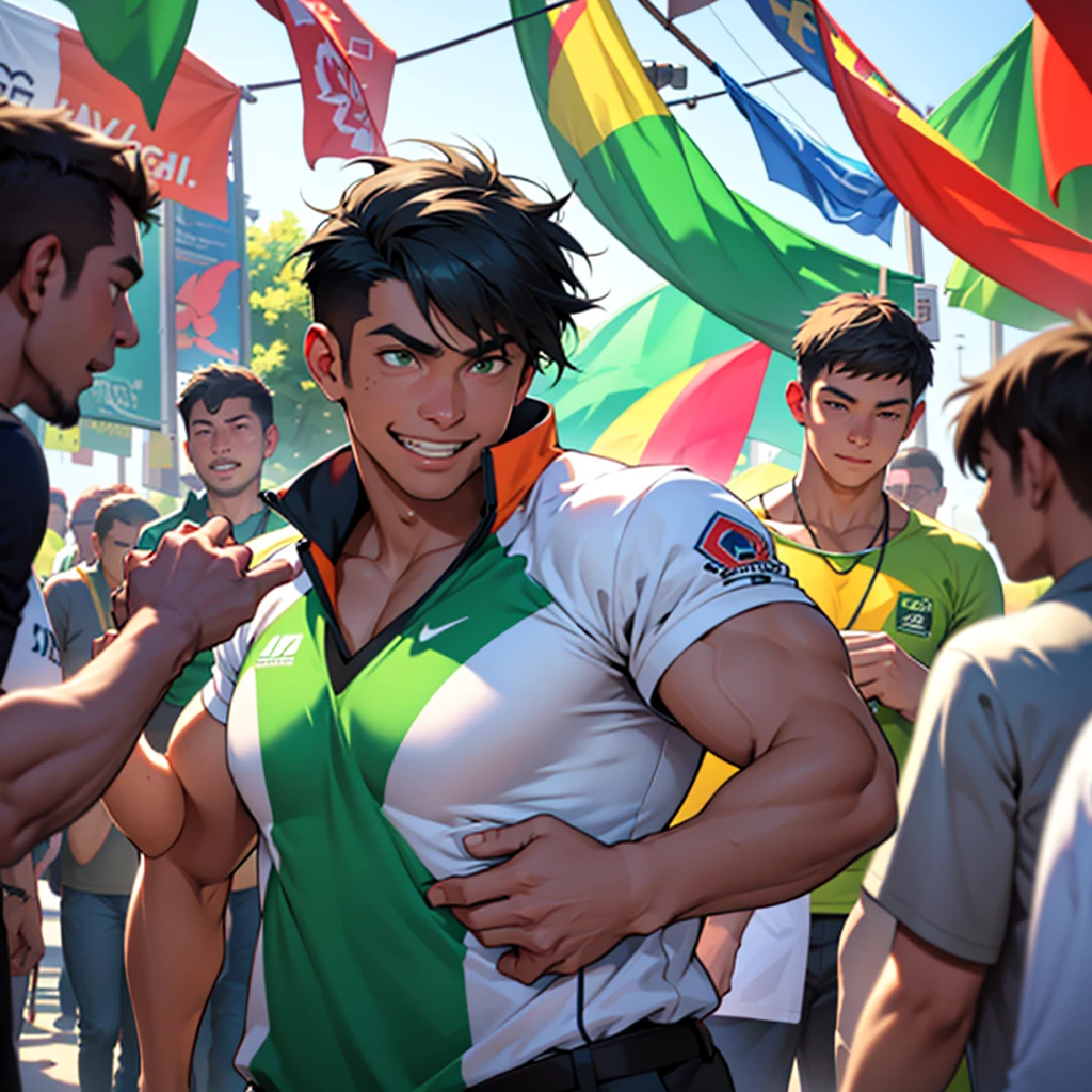 A scene of an energetic man wearing a green campaigner outfit, surrounded by people who admire and respect him. He stands confidently in the center, exuding positivity and charisma, with a friendly and approachable smile on his face. The background features a vibrant community event in a lively park, with colorful banners and decorations. People of different ages and backgrounds are gathered around him, some cheering, others shaking his hand, and a few taking photos with him, showcasing their admiration and support for his cause.