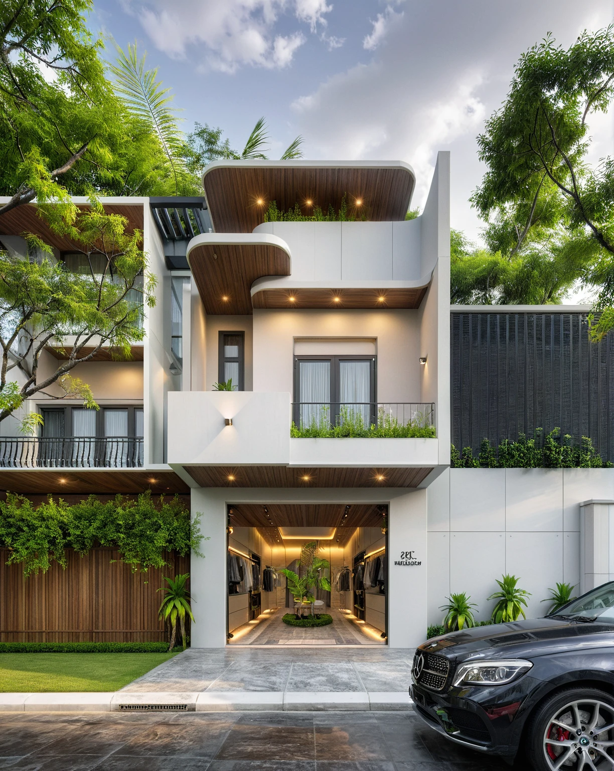 modern villa on street, (overcast lighting:1.2), tropical tree, vivid color, streetcapes, nice sky, grey and wwhite tone, (large glass door:1.2), warm interior lighting, modern material, best quality, ultra realistic, masterpiece, 17ArchiAI_XL_VL-v1