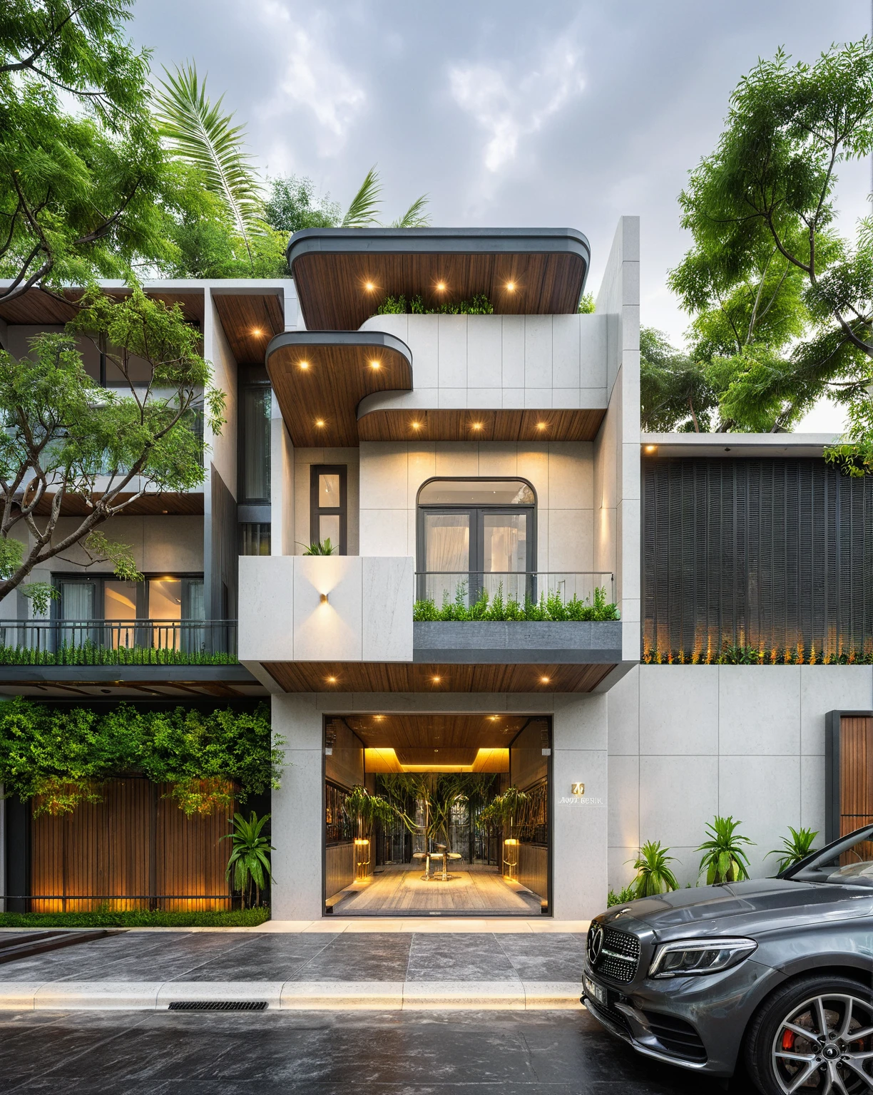 modern villa on street, (overcast lighting:1.2), tropical tree, vivid color, streetcapes, nice sky, grey and wwhite tone, (large glass door:1.2), warm interior lighting, modern material, best quality, ultra realistic, masterpiece, 17ArchiAI_XL_VL-v1