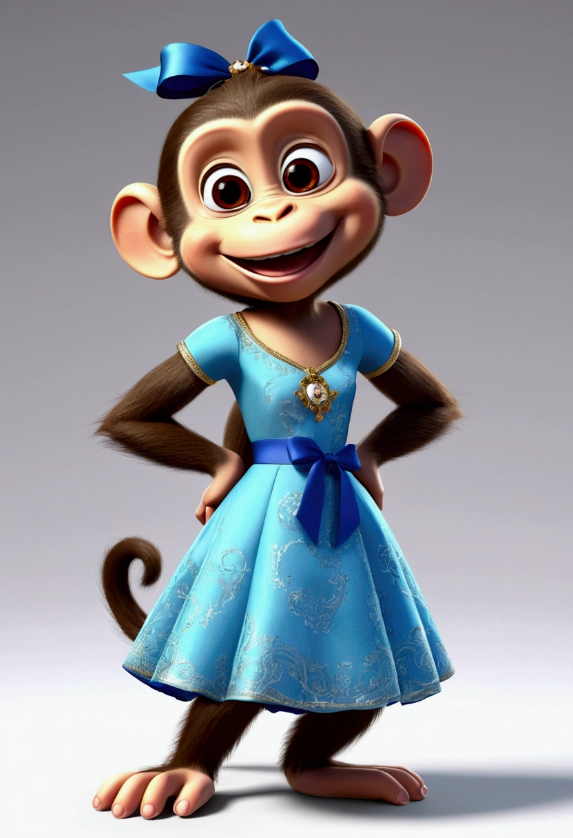 Create in 3D, Ultra HD, Disney-Pixar Style, monkey, She is smiling, charisma, Sarcastic, speak with ridicule, She is wearing a dress and sandals, She has a shiny ribbon on her head