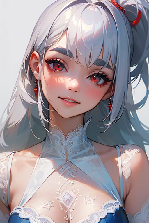 (Highest quality, masterpiece:1.2), (High resolution, 最高masterpiece).(difficult).Very detailed, Realistic:1.37, Fantasy, An illustration,Gray Hair、 Red eyes、Queen, White and blue dress、beautifully、Eyeshadow Red、Thick eyebrows、Long eyelashes、pupils are black、shiny on the lips、Top Sites、Queen、Princess、A kind smile、Show your teeth a little and smile、Soft impression、people々々々々Loved by、Slimming the face、Shoulder Bare、ponytail、Kissing Face、Long white hair、Shaggy Bangs、Save face image、((Lace Underwear)).sexy、