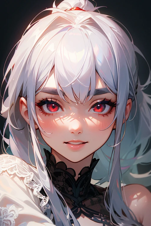 (Highest quality, masterpiece:1.2), (High resolution, 最高masterpiece).(difficult).Very detailed, Realistic:1.37, Fantasy, An illustration,Gray Hair、 Red eyes、Queen, White and blue dress、beautifully、Eyeshadow Red、Thick eyebrows、Long eyelashes、pupils are black、shiny on the lips、Top Sites、Queen、Princess、A kind smile、Show your teeth a little and smile、Soft impression、people々々々々Loved by、Slimming the face、Shoulder Bare、ponytail、Kissing Face、Long white hair、Shaggy Bangs、Save face image、((Lace Underwear)).sexy、